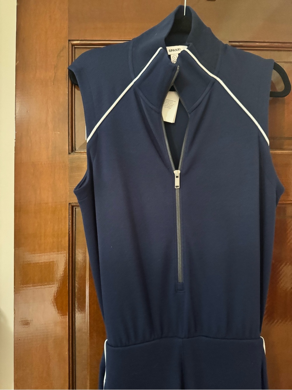 Spanx Air Pique Navy Wide-Leg Jumpsuit with Contrast Piping - Picture 5 of 5